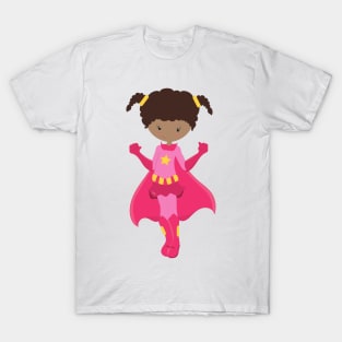 Superhero Girl, African American Girl, Pink Cape T-Shirt